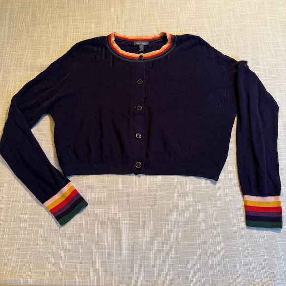Modcloth Sweaters - ModCloth Navy Blue Rainbow Striped Trim Cropped Cardigan Sweater XL Cotton Modal